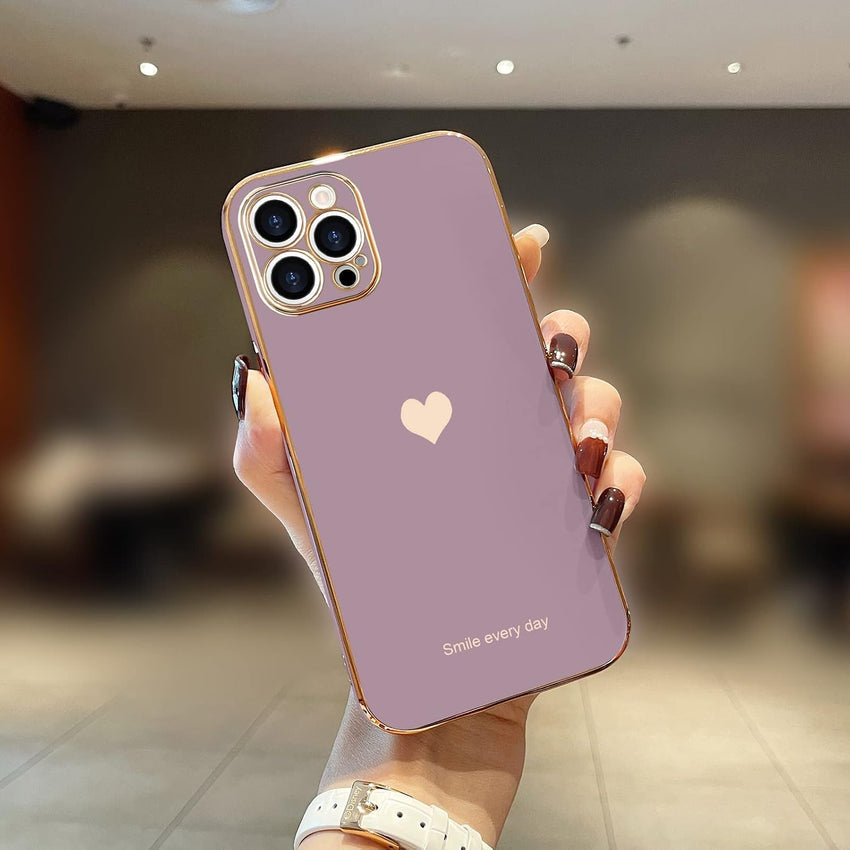 Teageo for iPhone 15 Pro Max Case Girl Women Cute Girly Love-Heart,Lavender | with Screen Protector [2 Pack] Luxury Gold Soft Cover Camera Protection Silicone Shockproof Phone Case iPhone 15 Pro Max