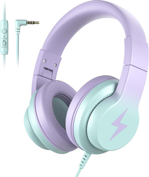 Candy Bila Kids Headphones, Wired Headphones for Kids Over Ear with Microphone, 85/94dB Volume Limiter Headphone for Girls Boys, Foldable Headphone for Learning & Entertainment,Gradient Purple