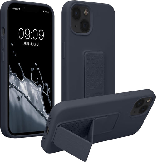 kwmobile Case Compatible with Apple iPhone 13 - Case with Hand Strap and Stand Soft TPU Silicone Coating - Blueberry