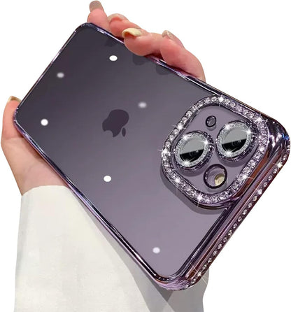 Ownest Compatible with iPhone 14 Case,Sparkle Diamond Camera Len Protector Glitter Clear Case,Crystal Bling Cute Aesthetics Phone Case Shockproof Phone Covers for iPhone 14 -Purple