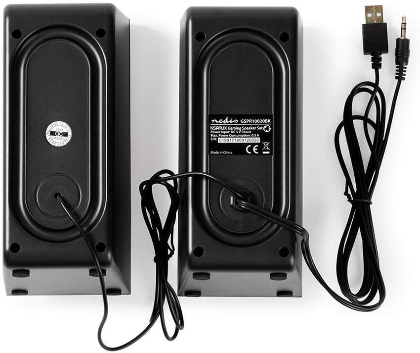 Nedis 18W 2.0 Gaming Speakers for PC & Laptop, USB & 3.5mm, Compact Stereo Sound with Volume Control - Black