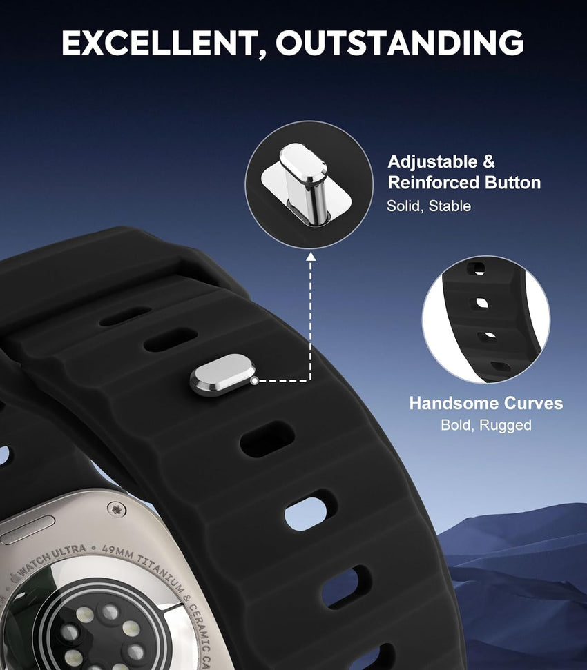 MoKo Ocean Band Compatible with Apple Watch Ultra 3/2/1 49mm,S11/S10 46mm,9/8/7 45mm,SE3/SE2/SE/6/5/4 44mm,3/2/1 42mm,Silicone Replacement Strap Wrist Band for Men Women, Black