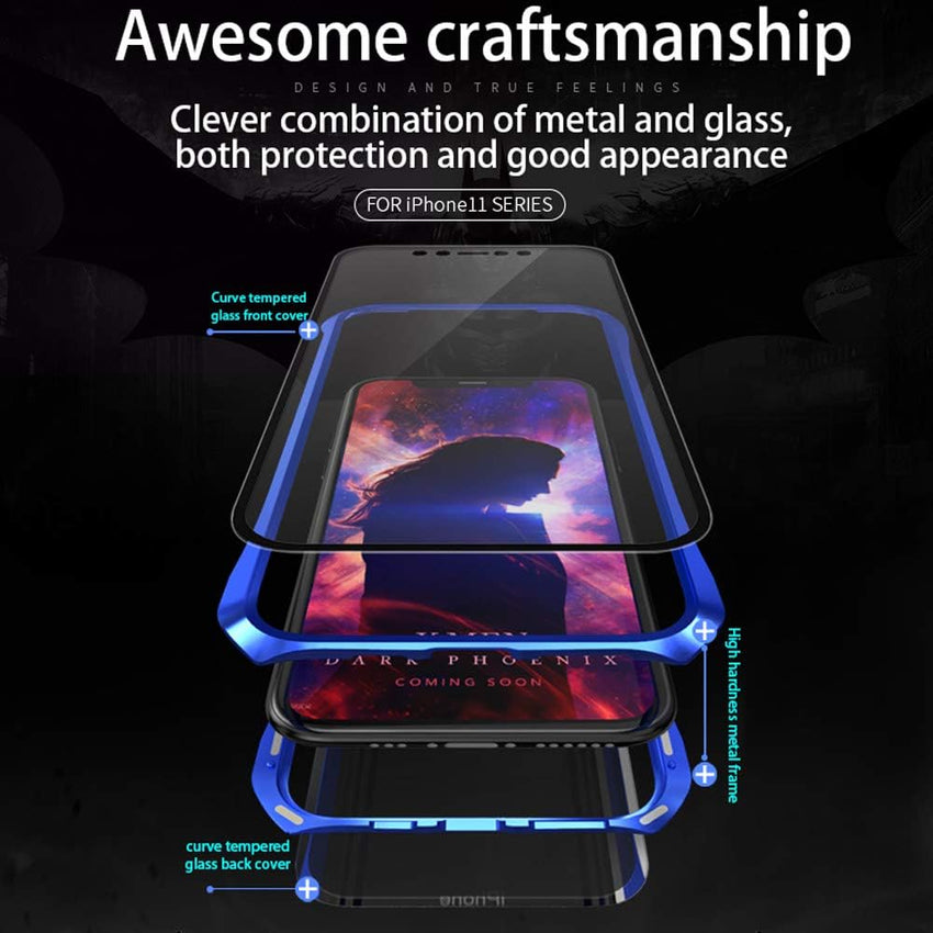 Case for iPhone 11 Pro Magnetic Adsorption Technology Cover Batman style design 9H Front and Back Tempered Glass 360Â° Full Body Shockproof Ultra Thin Metal Bumper - Silver