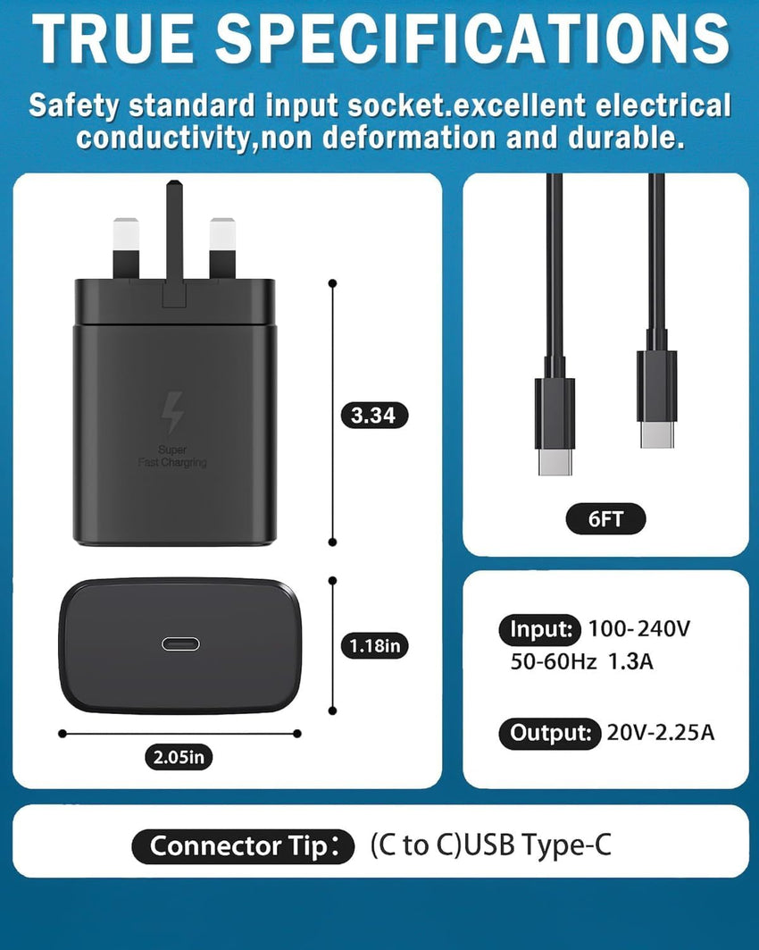 Samsung Fast Charger,45W USB C fast charger plug and cable For GalaxyS25, S24, S23, S22, S21,S20,S25 Ultra,S24 Ultra,S23 Ultra,S22 Ultra, S21 Ultra,A55 A54 A34 A15,Z Fold5/ Flip5