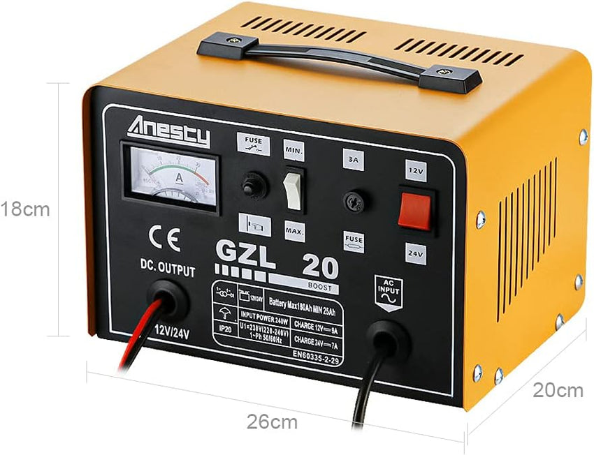 Car Battery Charger, 12V/24V 20A 20Amp Heavy Duty Battery Charger, Ideal for Various Vehicle Cars Vans Tractors Lead-acid Batteries