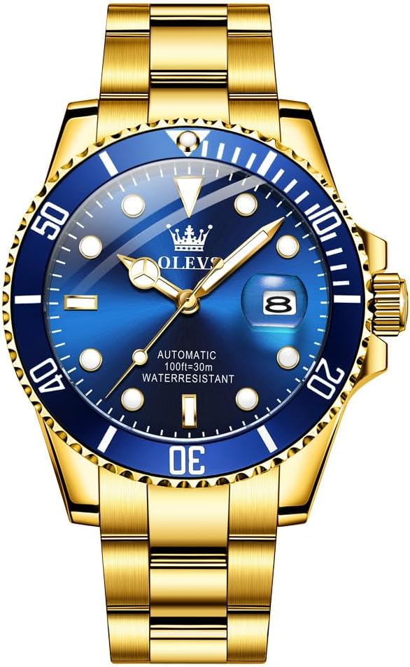 Men's Automatic Watch Big Stainless Steel Case Date Display Blue/Gold