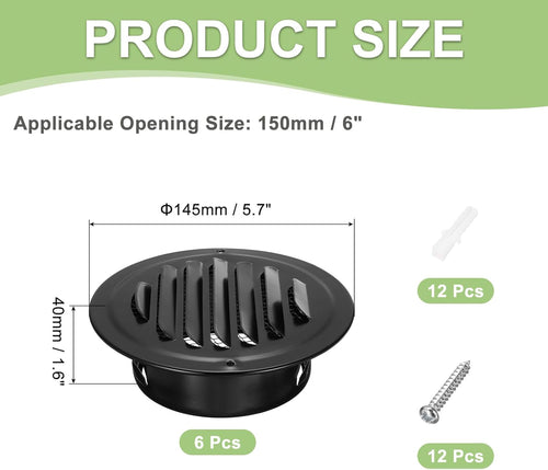 Round Soffit Vent Stainless Steel Wall Vent Grille Cover Set of 6 Black