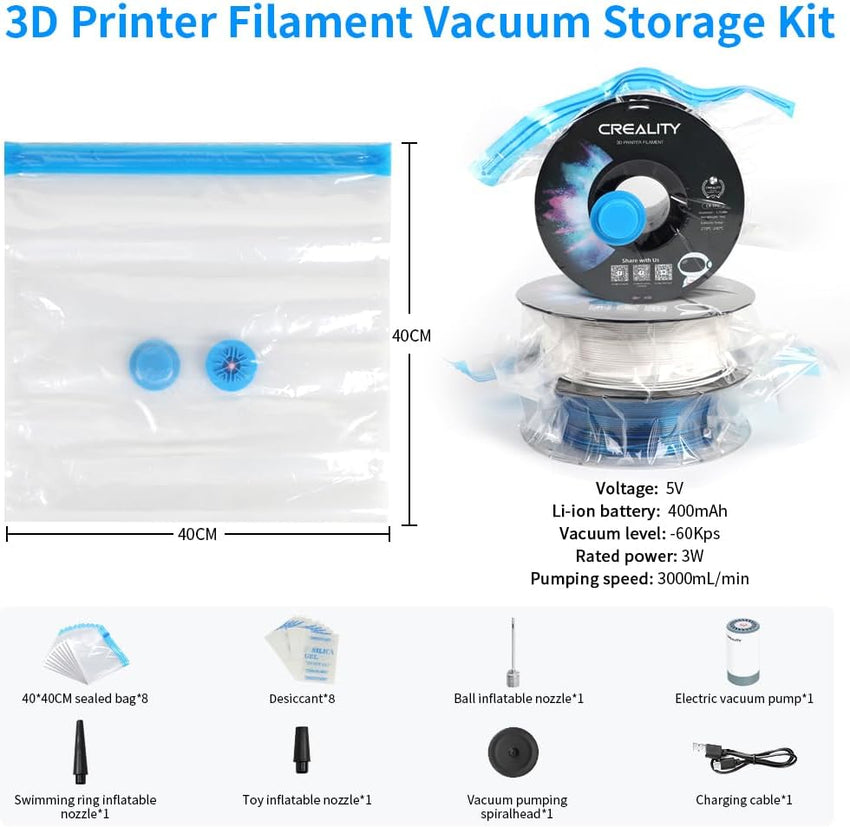 Creality 3D Printer Filament Vacuum Storage Bags 40 x 40 cm 8-pack with Electric Pump â 40 x 40 cm 8pc