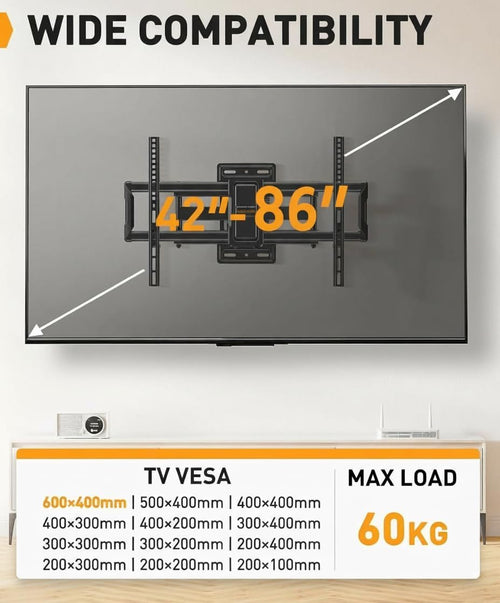 Perlegear TV Wall Bracket for 42-86 Inch Flat/Curved TVs up to 60 kg, Tilt and Swivel Wall Brackets with Dual Arms, Full Motion TV Wall Mount Max VESA 600x400mm, PGLF12