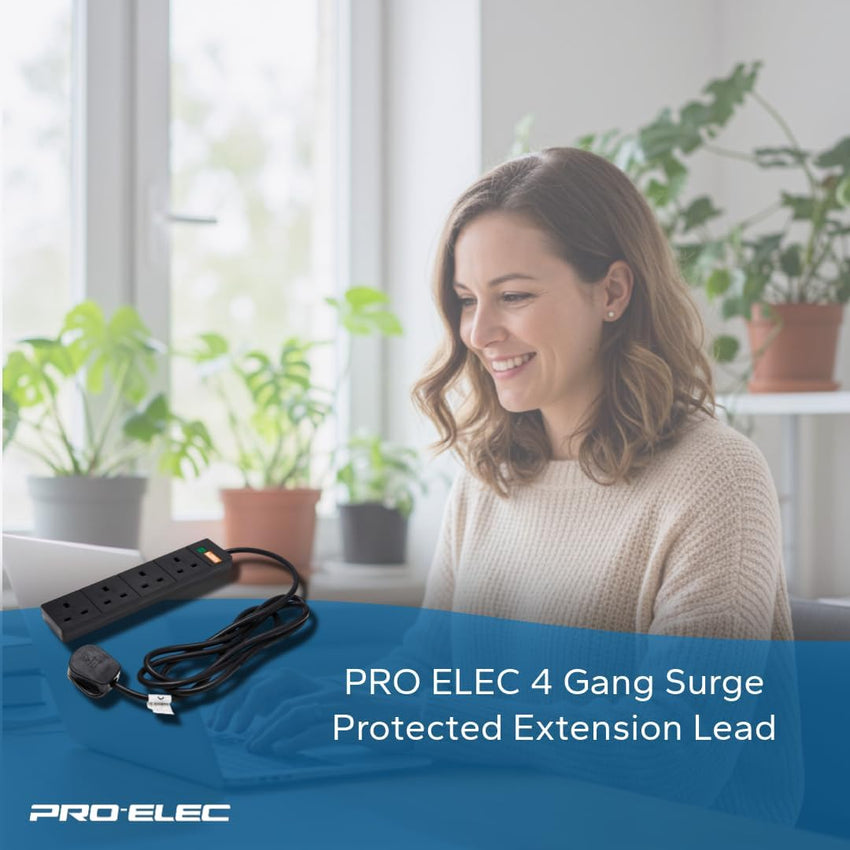 pro elec 2 m 4 Socket Surge Protected Extension Lead with Neon On Light - Black