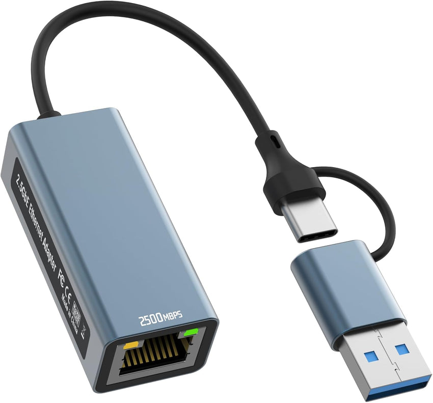 2.5G USB to Ethernet Adapter, 2-IN-1 USB-C to RJ45 LAN Wired Network 100/1000/2500Mbps Ethernet Adapter for PS4/5, Switch, Steam Deck, XPS, TV Box, iPad, MacBook, SmartPhone, Tablet, Laptop, etc