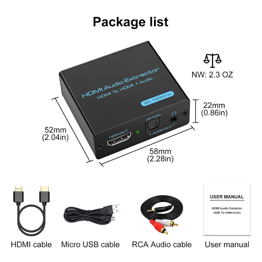 HDMI Audio Extractor HDMI to Optical & 3.5mm Stereo Converter 4K@30Hz Black