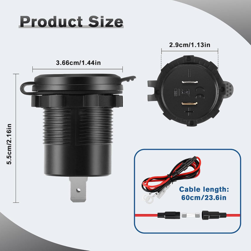 Thlevel USB C Car Charger Socket Waterproof Fast Charge Power Outlet 45W PD & 18W QC3.0 with LED Digital Voltmeter and Switch for 12V 24V Marine Boat Motorcycle Truck