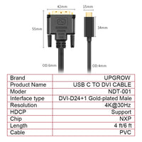 UPGROW USB-C to DVI Cable - 4K@30Hz Thunderbolt to DVI Cable, 6FT USB Type-C to DVI Female, Support 2017-2020 MacBook Pro, Surface Book 2, Dell XPS 13, Galaxy S10