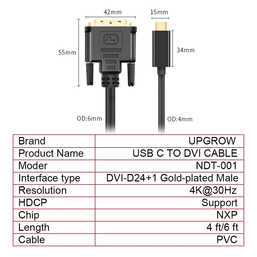 UPGROW USB-C to DVI Cable - 4K@30Hz Thunderbolt to DVI Cable, 6FT USB Type-C to DVI Female, Support 2017-2020 MacBook Pro, Surface Book 2, Dell XPS 13, Galaxy S10
