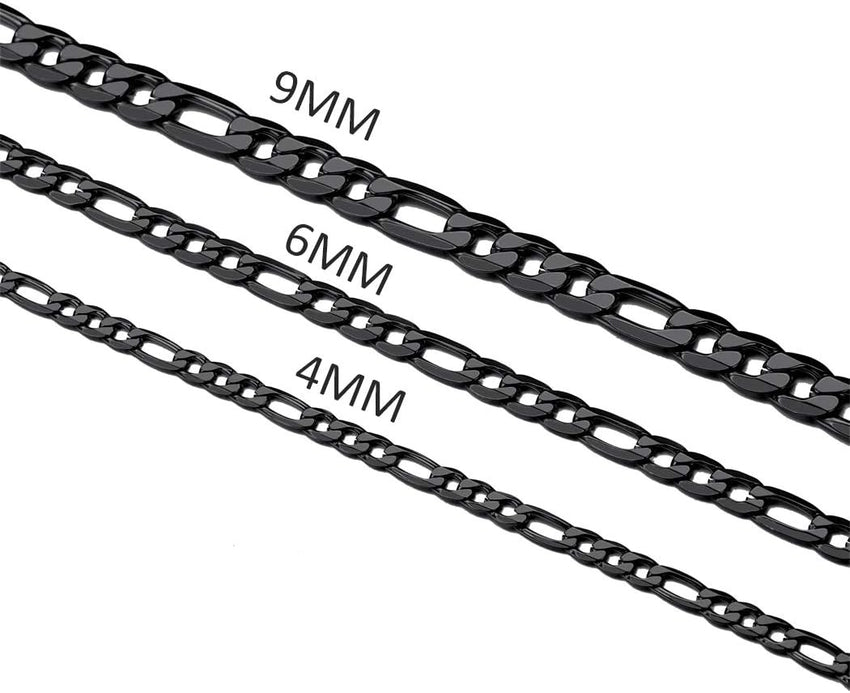 Menâs Figaro Chain Necklace 9mm Flat Stainless Steel 20in Hip Hop Style â Black