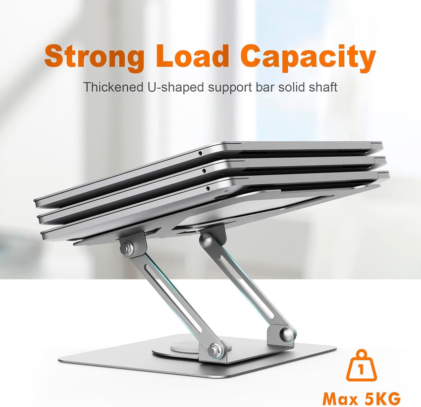 GRIFEMA Laptop Stand for Desk, Foldable Laptop Riser with 360^0 Swivel Base, Adjustable Height & Angle, Ventilated Computer Stand Compatible with MacBook Air/Pro, Dell, and 11-17" Laptops - Silver