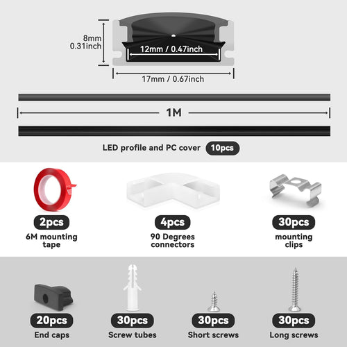HOMMAND LED Channel, LED Profile 10 Packs 1m/3.3ft U-Shape, LED Diffuser and LED Aluminium Profile with Corner Connectors, End Caps, Mounting Clips and Adhesive, LED Strip Channel 10m