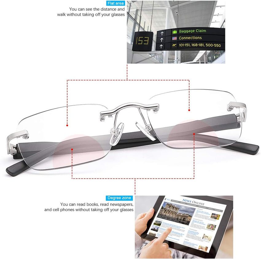 Rimless Photochromic Bifocal Sunglasses +3.0 Blue Light Blocking for Men & Women Clear