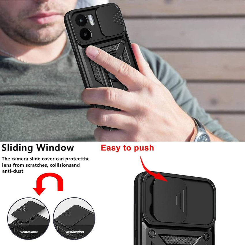 UPLAI Armor Case for Xiaomi Redmi A1/Xiaomi Redmi A2, Ultra Thin Shockproof Silicone Cover with Slide Camera Cover and Magnetic Ring Kickstand, PC + TPU Durable Cover.Black
