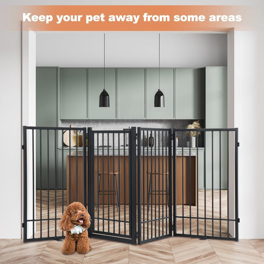 SMONTER Free Standing Dog Gate with Door Walk Through, 306cm Extra Wide Indoor Dog Fence, 80cm Height 6 Panels Foldable Metal Pet Puppy Gate for Stairs, Hallways, Doorway