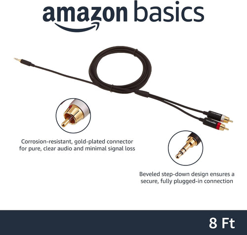 Amazon Basics 3.5 Aux to 2 x RCA Adapters, Audio Cable for Amplifiers, Active Speakers with Gold-Plated Plugs, 2.4 m, Black