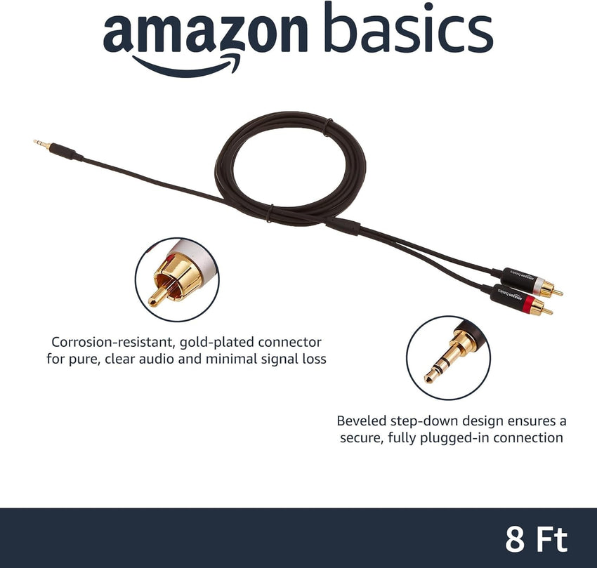 Amazon Basics 3.5 Aux to 2 x RCA Adapters, Audio Cable for Amplifiers, Active Speakers with Gold-Plated Plugs, 2.4 m, Black