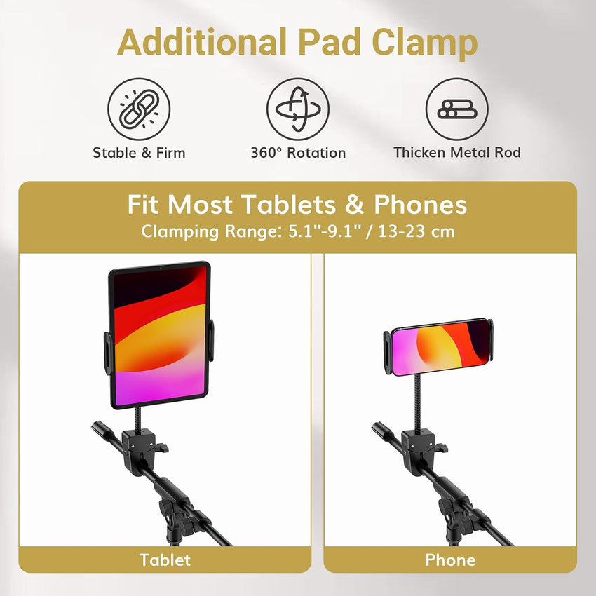 TONOR Microphone Stand with Tablet Holder, Tripod Boom Arm for Floor, Adjustable Height and Angle, Heavy Duty Stand with Carrying Bag, Phone and iPad Clamp, Compatible with Blue Yeti, T35