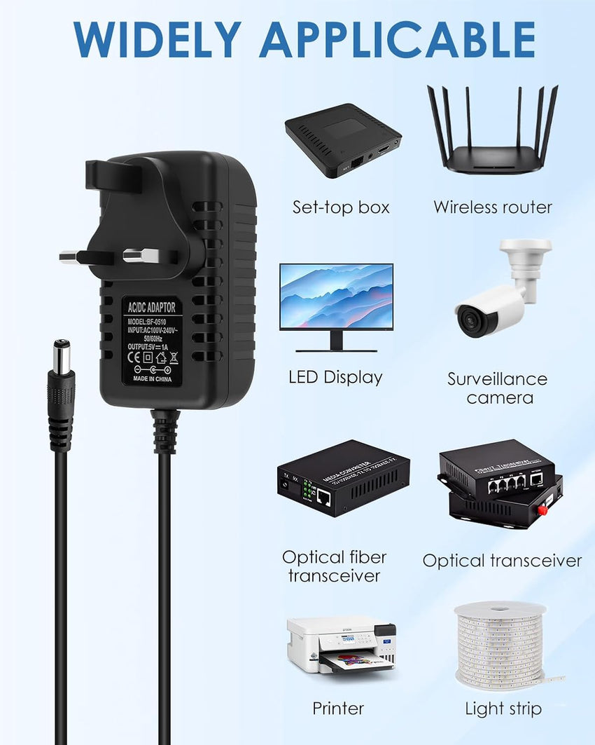 5V 1A Charger, AC Adapter 100-240V 50 60Hz to DC Switching Adaptor for LED Strip Light CCTV Router Speakers, Universal 5V DC Power Supply Wall Charger with 5.5x2.5mm Plug (5W)