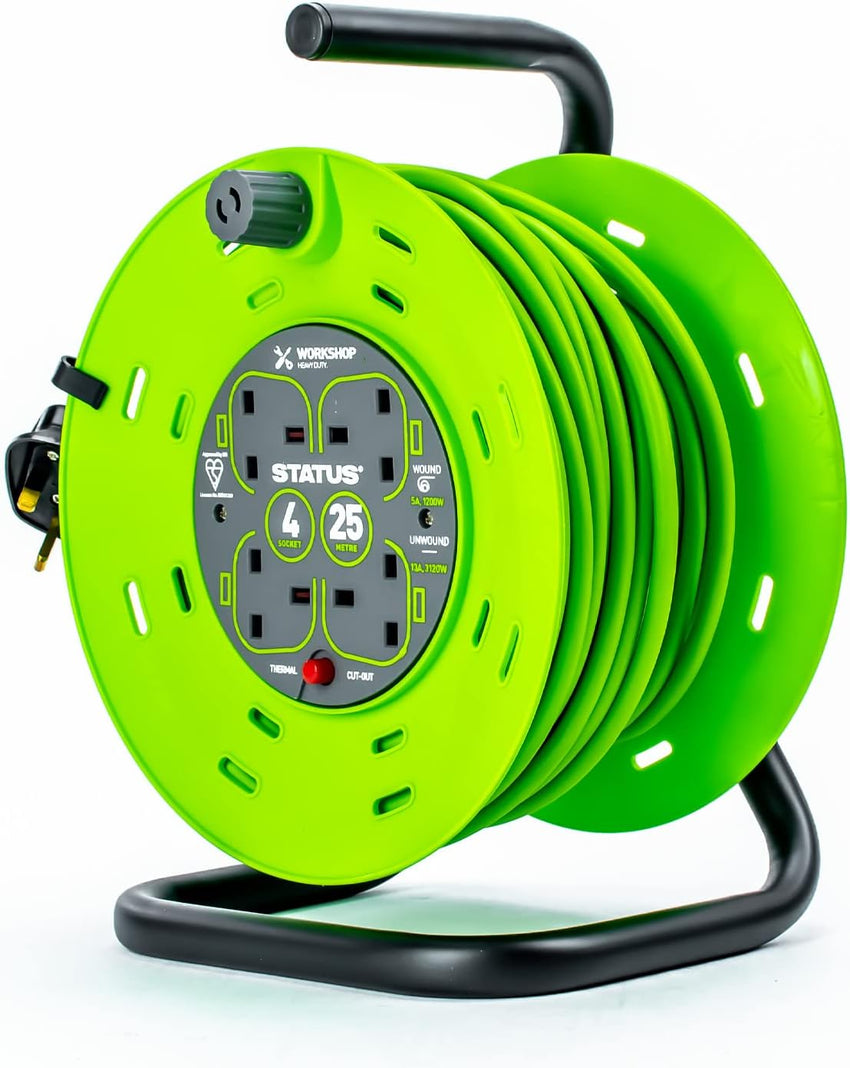 STATUS 4 Socket Cable Reel, 25m, Green, 13 Amp, Thermal Cut Out, Heavy Duty, Outdoor Extension Lead, Ideal for Garden, Workshop, DIY, Power Tools (S25M13ACR2)