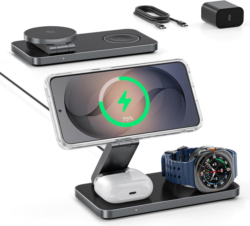 3-in-1 Magnetic Wireless Charger Qi2 25W MagSafe-Compatible for Samsung & iPhone Black