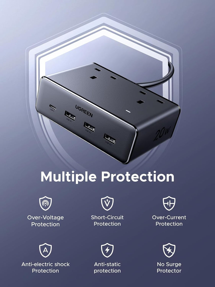 UGREEN Extension Lead with 4 USB Slots, 2 Way 2990W Max Multiple Plug with 1.5m Extension Cable, Compatible with iPhone 17/16/15/14, iPad Pro/Mini, Suitable for Home/Office, Black