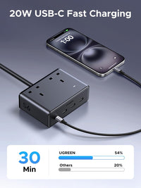 UGREEN Extension Lead with 4 USB Slots, 2 Way 2990W Max Multiple Plug with 1.5m Extension Cable, Compatible with iPhone 17/16/15/14, iPad Pro/Mini, Suitable for Home/Office, Black