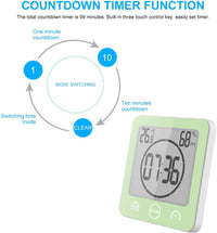 ALLOMN Bathroom Clock, LCD Digital Shower Clock Alarm Waterproof Touch Control Ã¢âÆ/Ã¢ââ° Temperature Humidity, Count Down Timer, 3 Mounting Methods, Battery Power (Green)