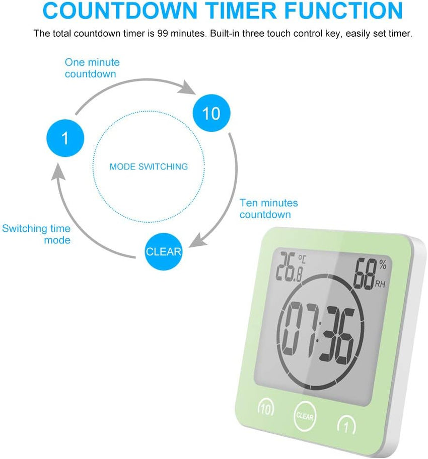 ALLOMN Bathroom Clock, LCD Digital Shower Clock Alarm Waterproof Touch Control Ã¢âÆ/Ã¢ââ° Temperature Humidity, Count Down Timer, 3 Mounting Methods, Battery Power (Green)