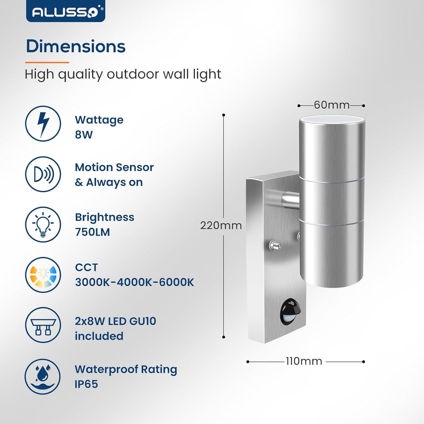 ALUSSO LED Outdoor Wall Light Motion Sensor,IP65 Stainless Steel Up Down Light Mains Powered,Warm White/Neutral White/Cool White Selectable,2x8W GU10 Included,Outside Sconce Wall Mounted for Porch