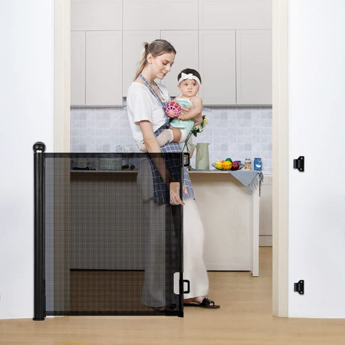 COMOMY Retractable Baby Gate for Stairs, 0-140cm Mesh Dog Gate for House Doorways Hallways, 84cm Tall Extra Wide Child Safety Gate for Kids Pets, Indoor and Outdoor (Black)