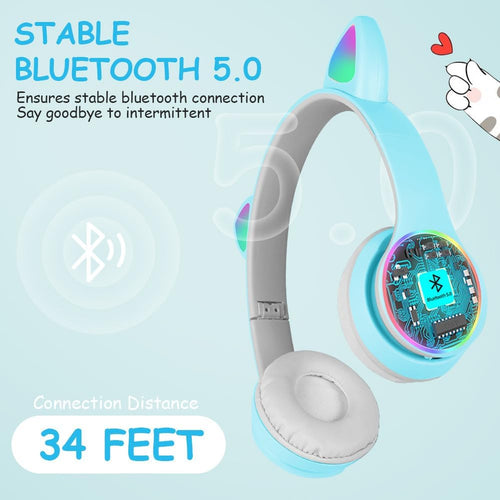 AXFEE Bluetooth Kids Headphones, LED Light Up Cat Ear Wired/Wireless Headphone, HD Stereo Sound, Foldable Children Headphone for PC Phone Ipad Study Travel School, Suitable for Girls Boys Gift (Blue)