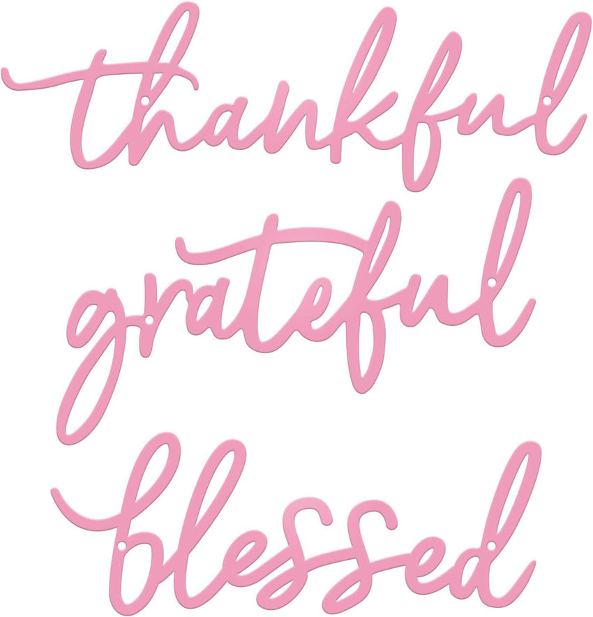 Metal Wall Sign Thankful Grateful Blessed 3-Piece Pink