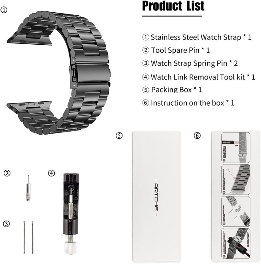 Apple Watch Straps Stainless Steel Compatible with Series 11/10/9/8/7/6/5/4/3/2/1 â Black