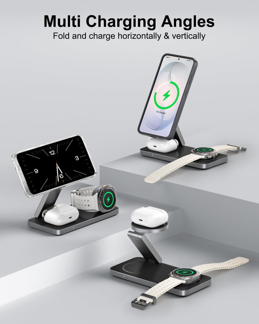 3-in-1 Magnetic Wireless Charger Qi2 25W MagSafe-Compatible for Samsung & iPhone Black