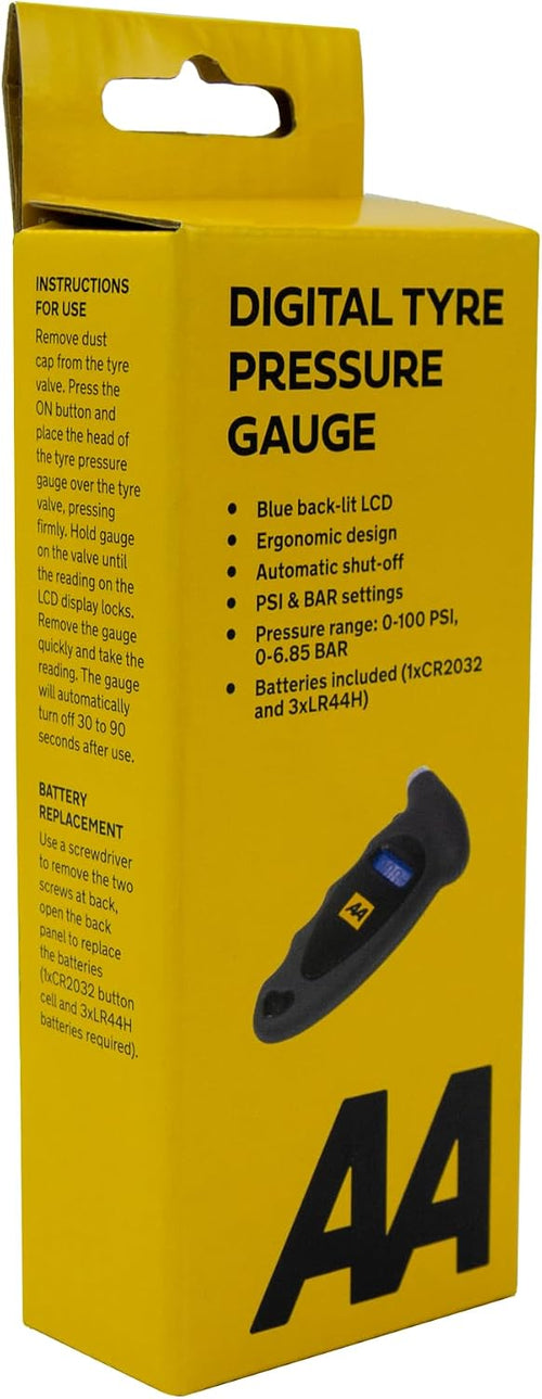 AA Digital Tyre Pressure Gauge AA1634 - Easy to Use on Cars Motorbikes Vans Bicycles - Backlit LCD Screen - 0-100 PSI/0--6.85 Bar
