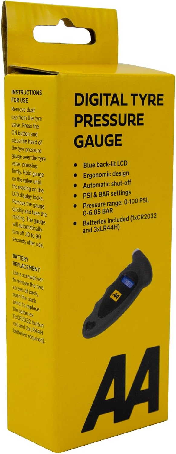 AA Digital Tyre Pressure Gauge AA1634 - Easy to Use on Cars Motorbikes Vans Bicycles - Backlit LCD Screen - 0-100 PSI/0--6.85 Bar