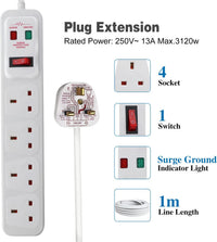 EXTRASTAR Universal Extension Lead, 4 Way Outlets Surge Protection Power Strips with Switch, Wall Mounted 13A/MAX.3120W Fused UK Power Socket (1M, White)