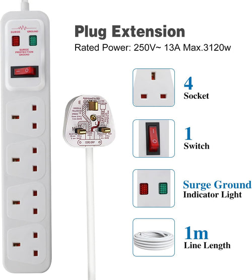 EXTRASTAR Universal Extension Lead, 4 Way Outlets Surge Protection Power Strips with Switch, Wall Mounted 13A/MAX.3120W Fused UK Power Socket (1M, White)