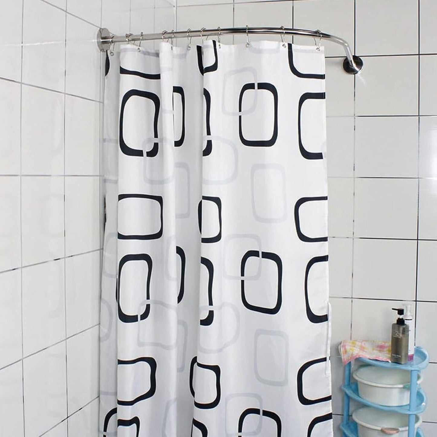 mosegor Shower Curtain Rail L Shaped Shower Curtain Rod Extendable Corner Shower Curtain Pole with Curtain for Bathroom Clothing Store Private Space Drill Free Install 70-95 cm