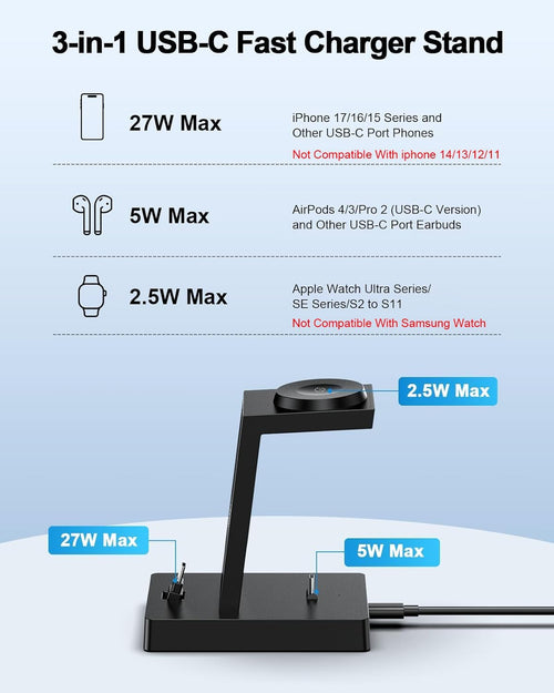 3 in 1 Charging Station - ADADPU iphone and iWatch Charger Stand with 30W USB C Charger Plug, Apple Charging Dock for iphone 16 15 Series, iWatch, Earbuds with USB C Port, Not for Samsung Watch