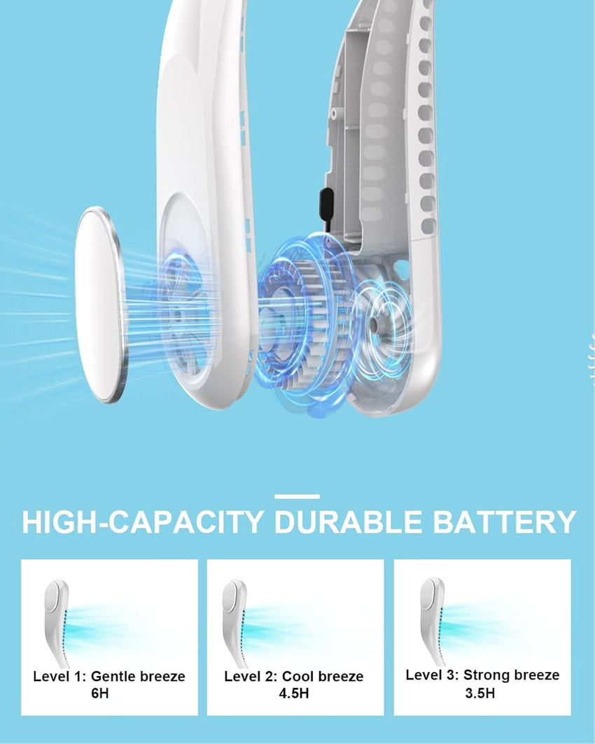 Portable Bladeless Neck Fan 6000mAh USB Rechargeable 3-Speed 360Â° Twist White