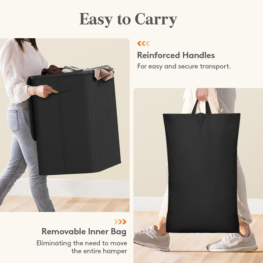 150L Laundry Basket with Lid 3-Section Foldable Dirty Clothes Organiser Black