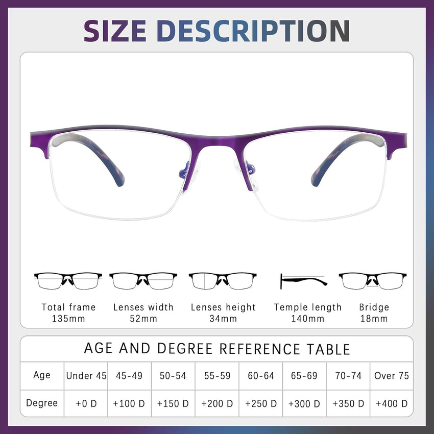 FONHCOO Reading Glasses for Women Men, Blue Light Blocking Reading Glasses Metal Half Frame Computer Readers Anti UV/Glare/Eyestrain (Purple Blue Grey 3.0)